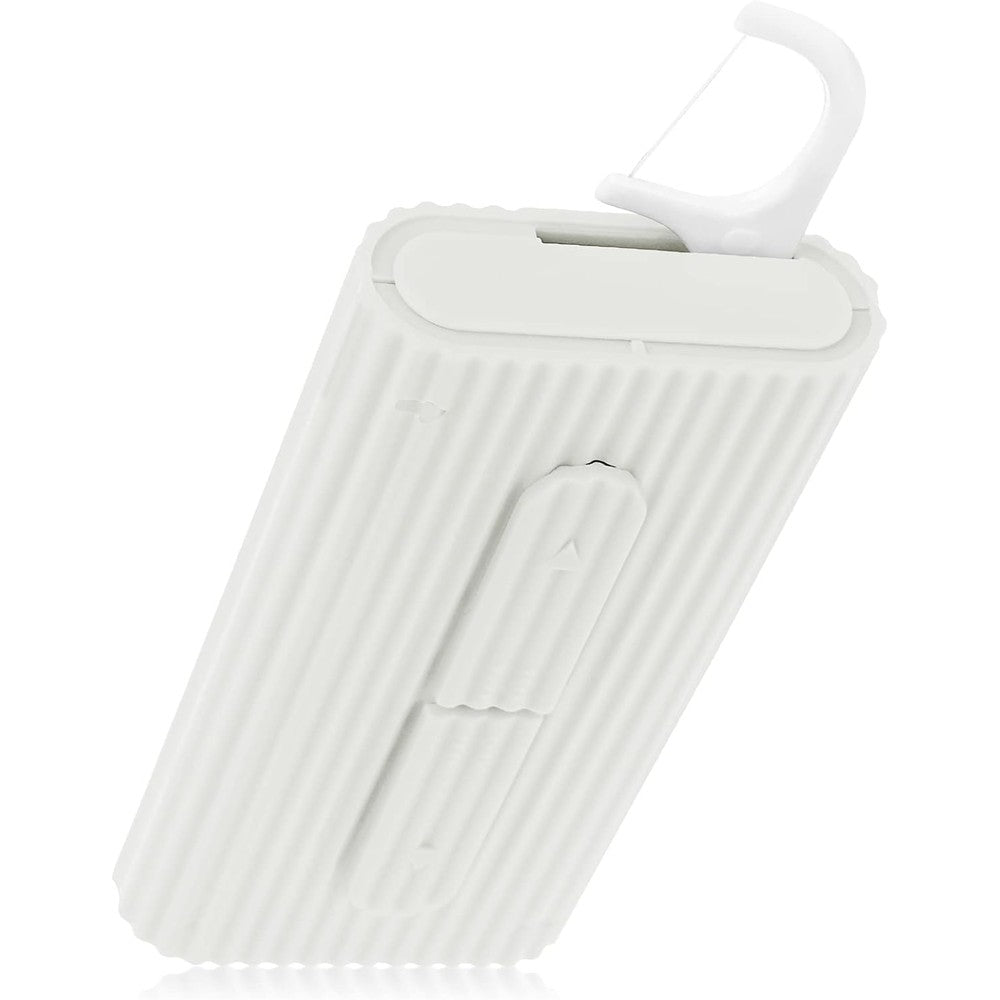 WLLHYF portable automatic dental floss case in white showing front profile with pop up flosser pick