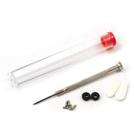 Universal Tool eyeglass repair kit front view showing the portable clear storage tube containing precision components.