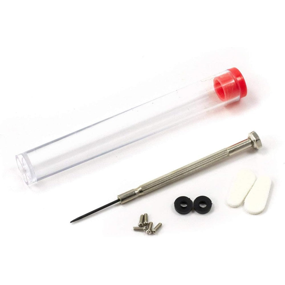 Universal Tool eyeglass repair kit front view showing the portable clear storage tube containing precision components.