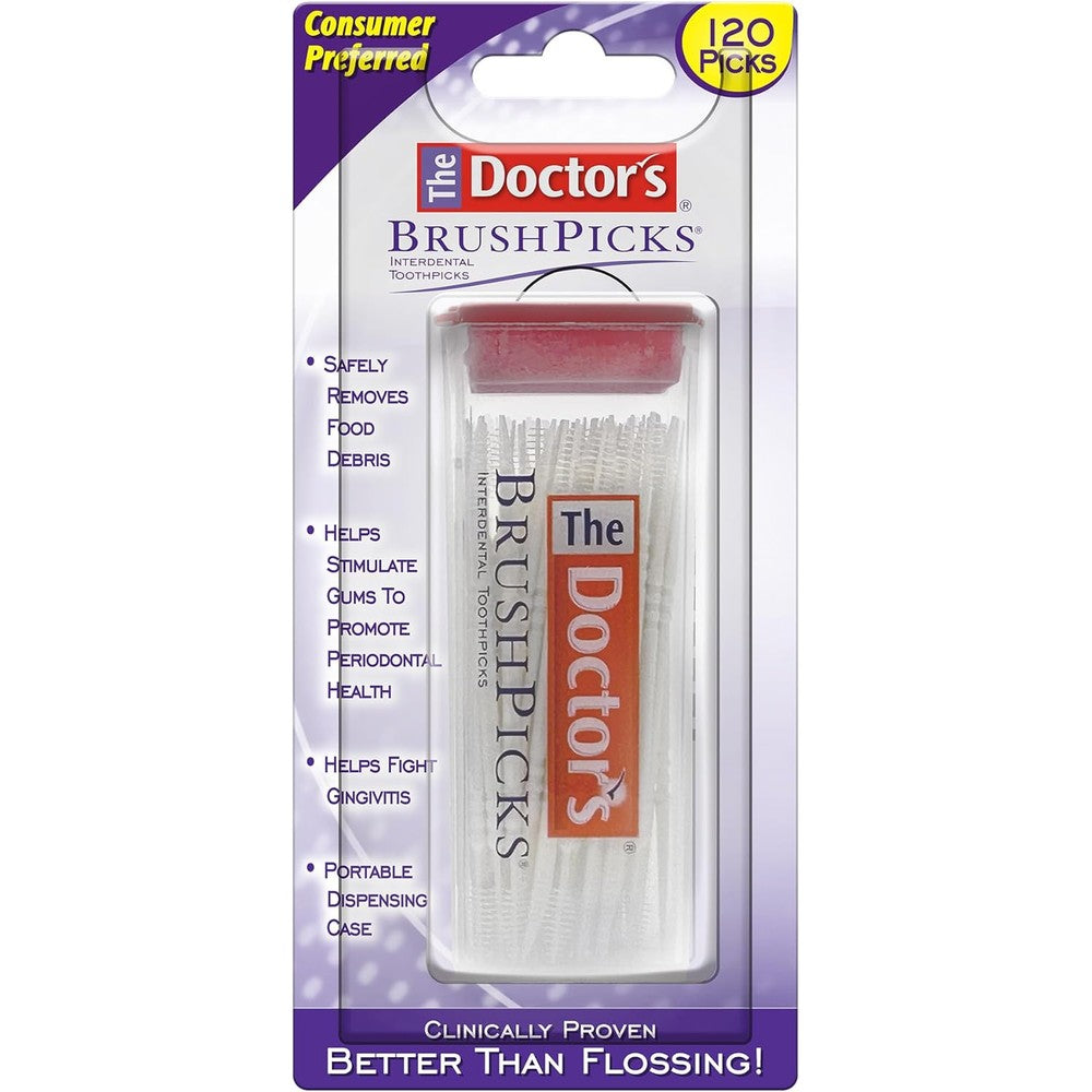The Doctor's BrushPicks 120 count pack front view for interdental cleaning.