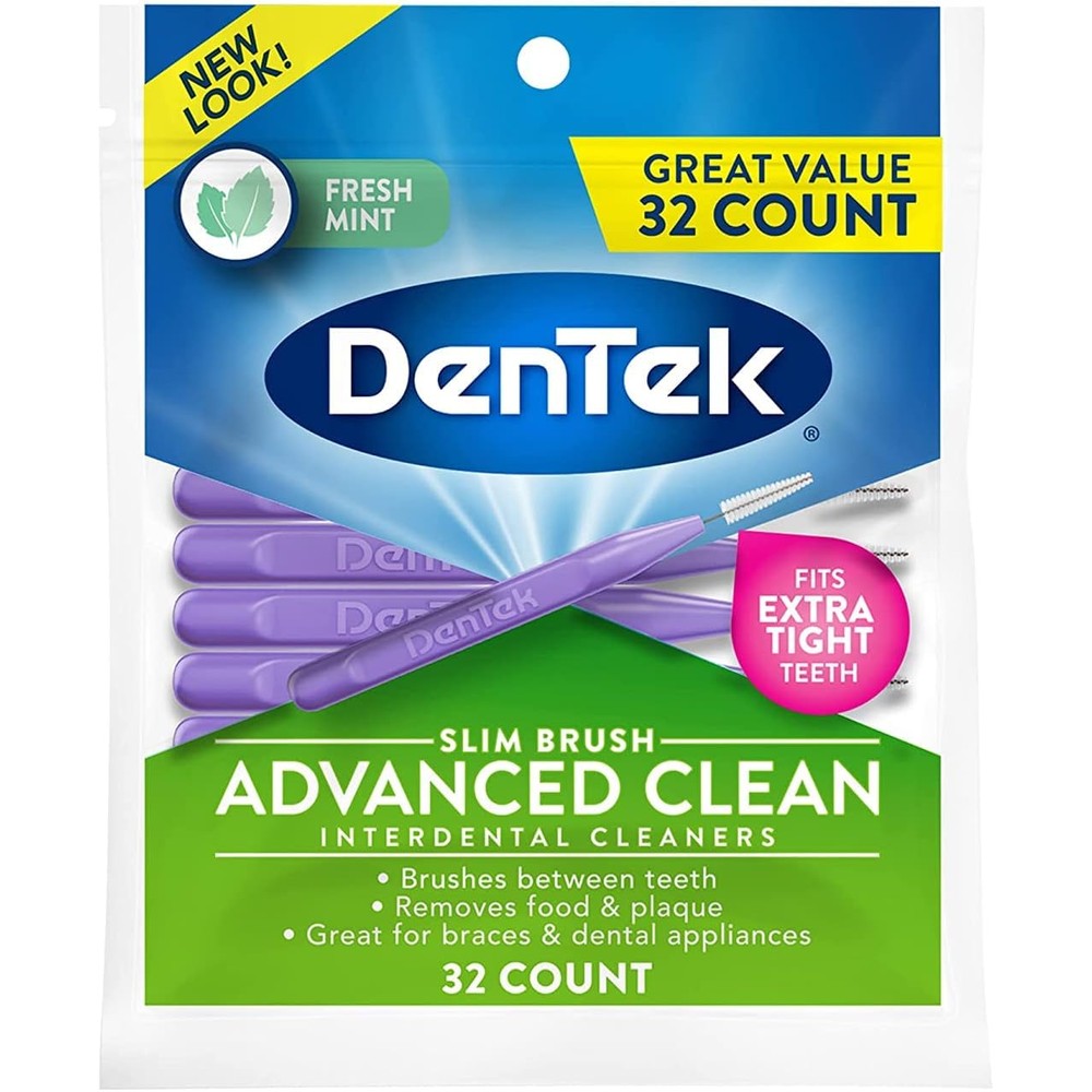 DenTek Slim Brush Interdental Cleaners 32 count pack front view showing tapered bristles.