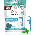 GuruNanda Quad Clean Floss Picks front view of the packaging bag showing the three hundred count size.