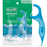 GUM Advanced Care Floss Picks 150 count front packaging for daily oral hygiene.