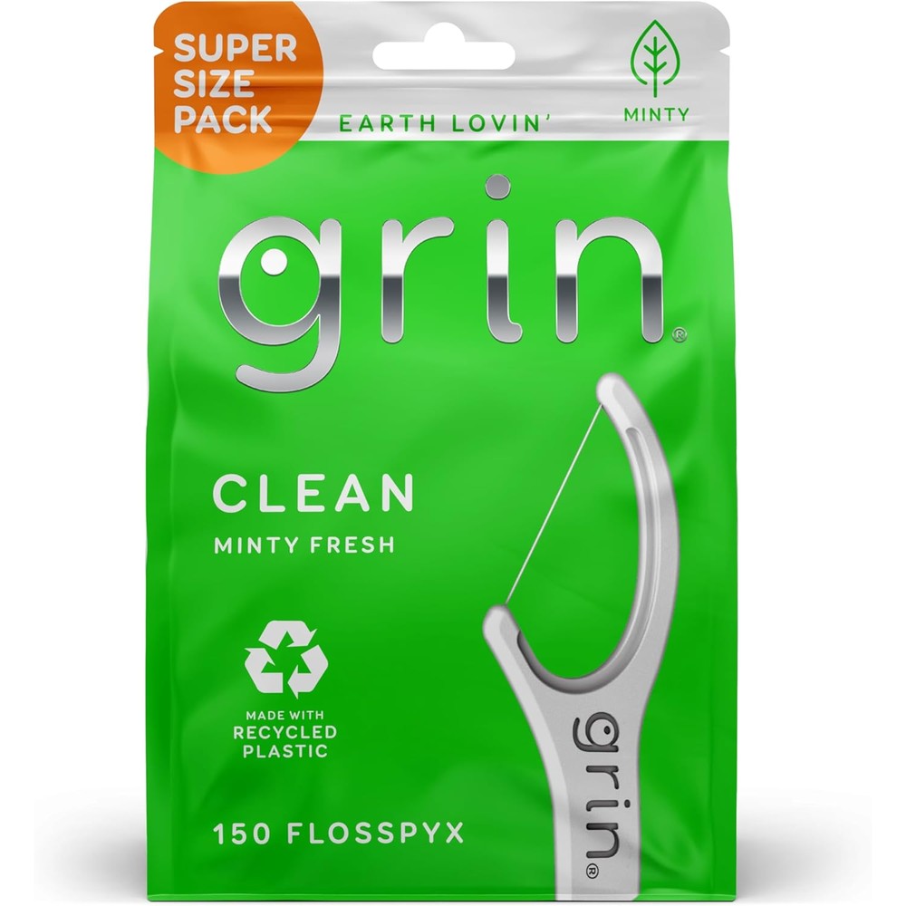 Grin Clean Flosspyx front view packaging of the one hundred and fifty count premium eco-friendly dental flossers.