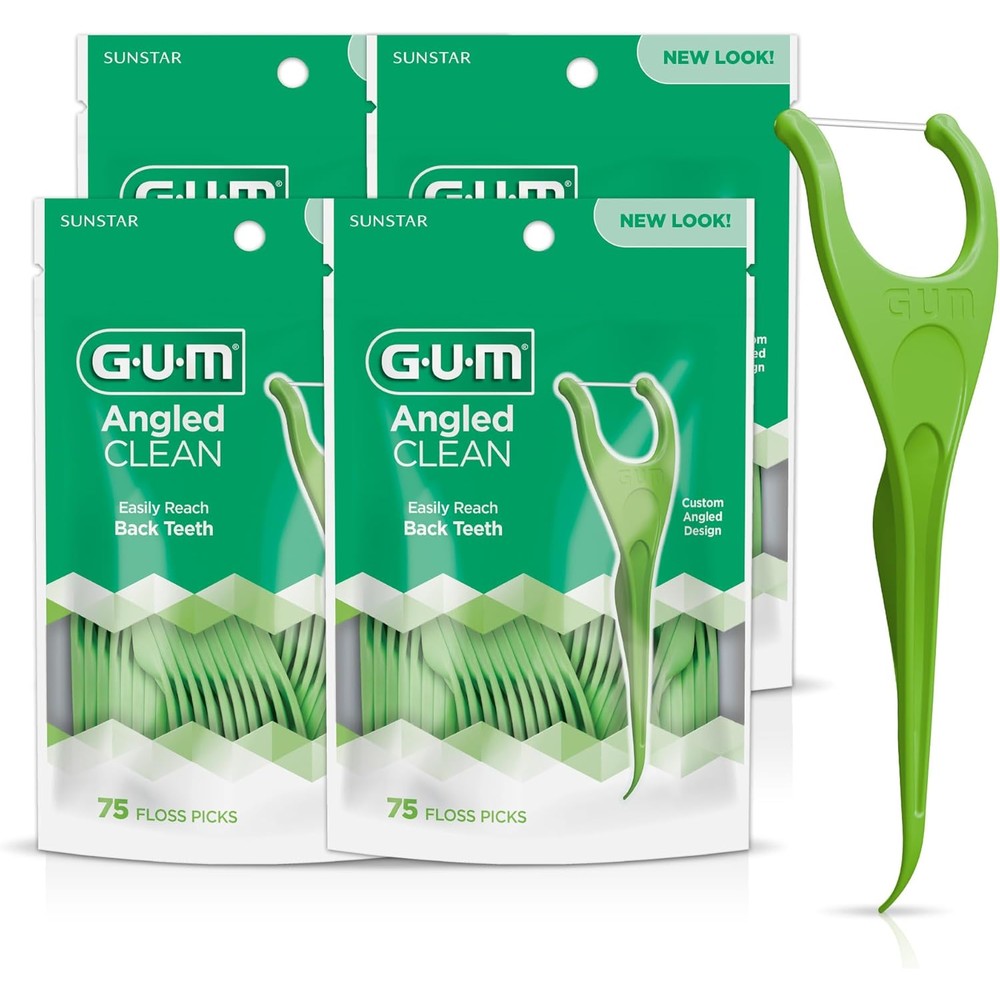 GUM Angled Floss Picks front view showing 4 packs of 75 dental flossers