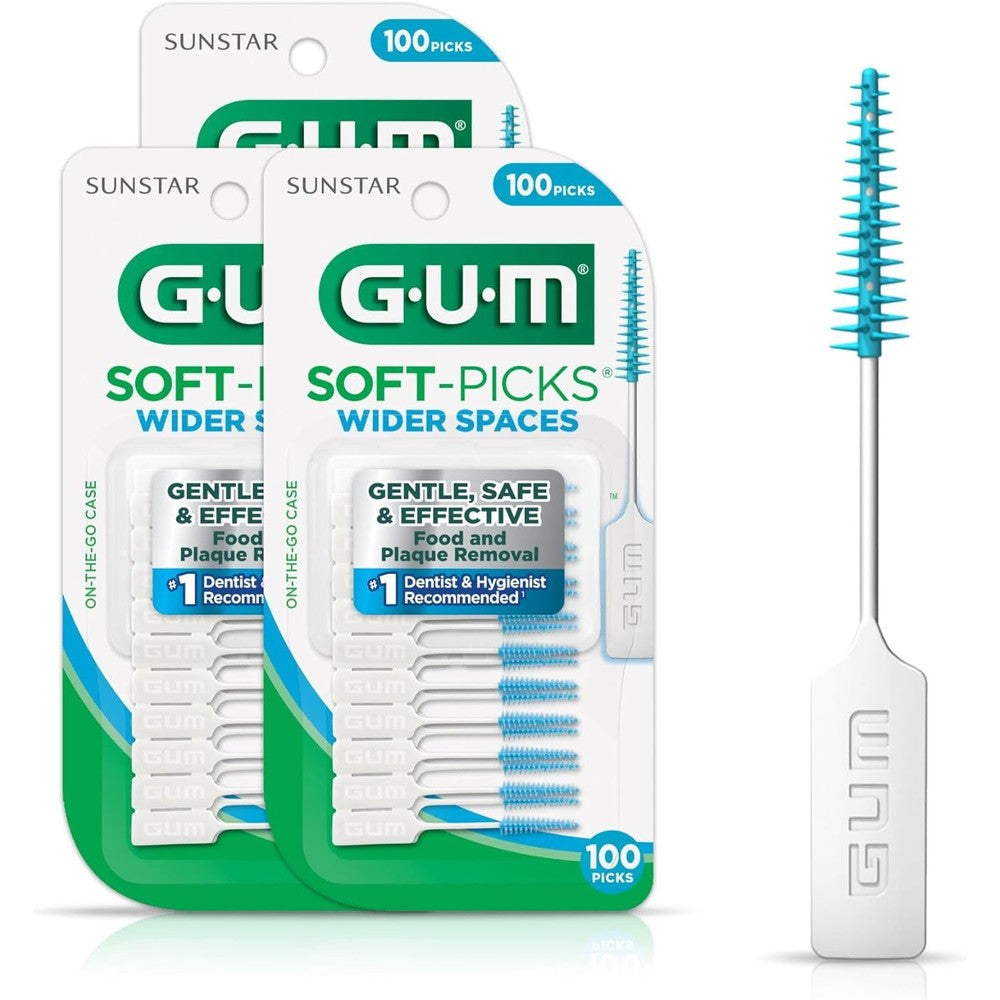 GUM Soft-Picks Wide Space pack of three front view for interdental plaque removal.