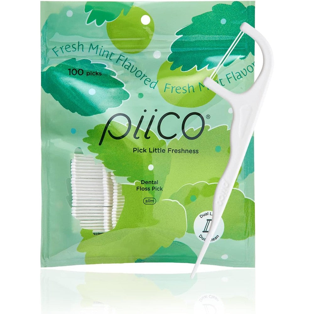 Piico Xylitol Floss Picks 100 count front packaging view showing mint flavor details.