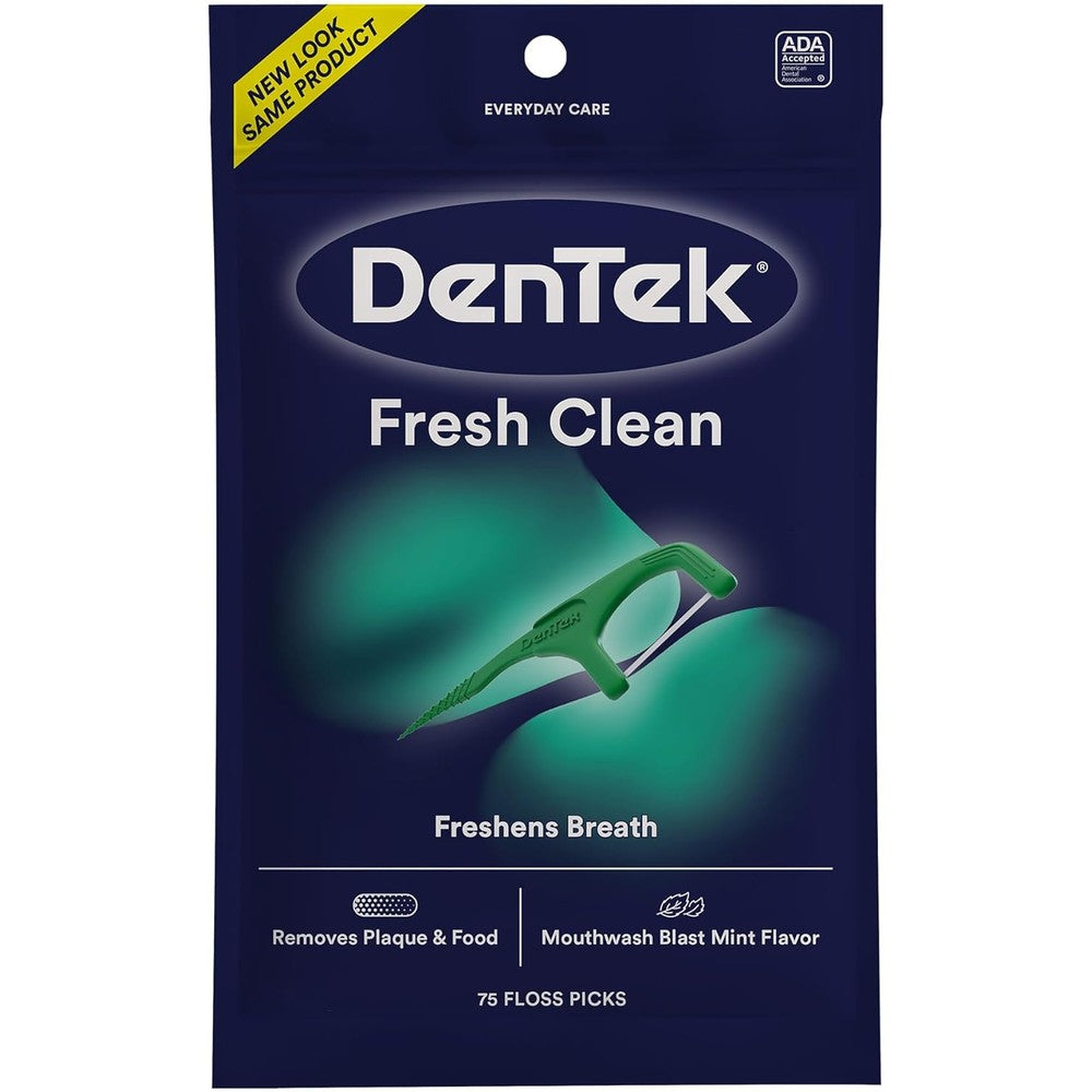 DenTek Fresh Clean Floss Picks 75 Count front packaging for tight teeth