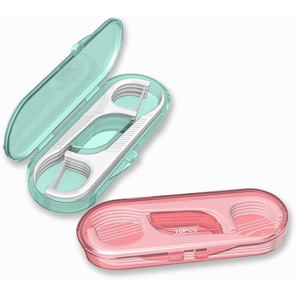 Setaria Viridis travel dental floss dispenser case showing front view of pink and green portable containers
