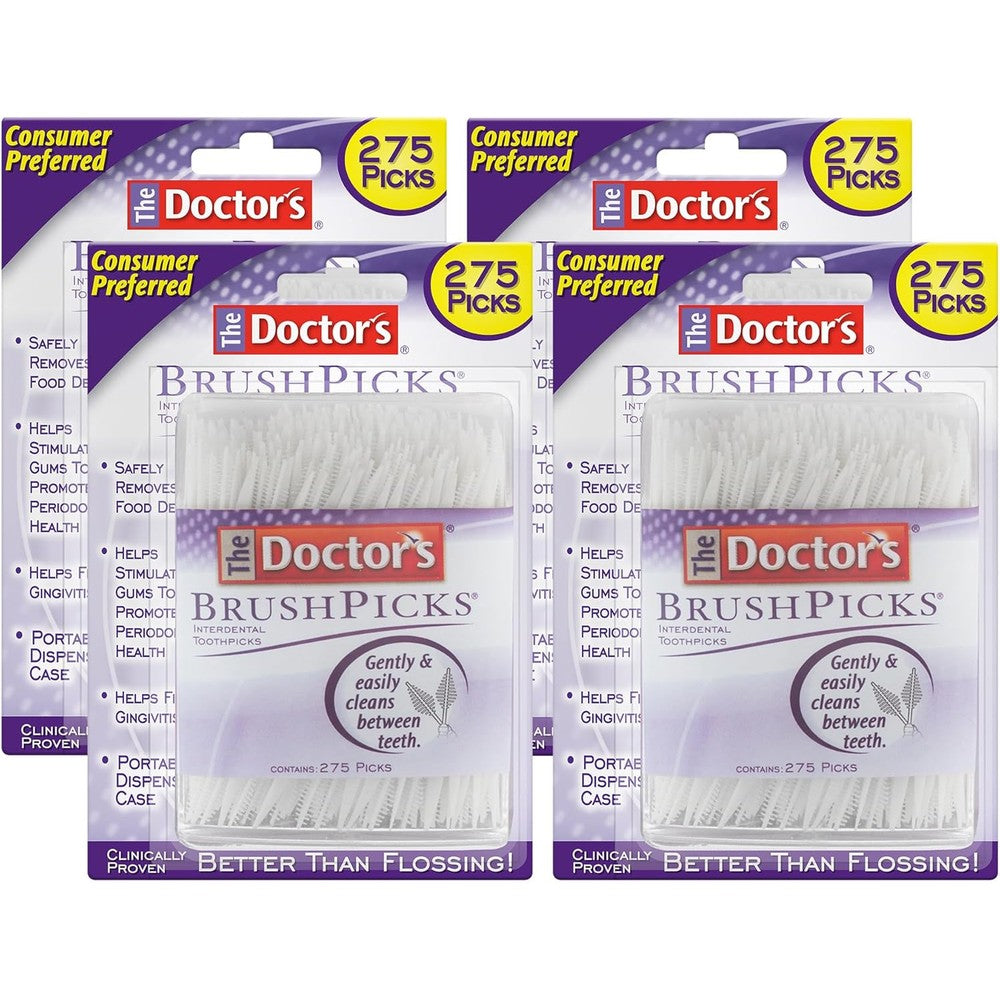 The Doctor's BrushPicks 275 count pack of 4 front view retail packaging showing interdental dental toothpicks