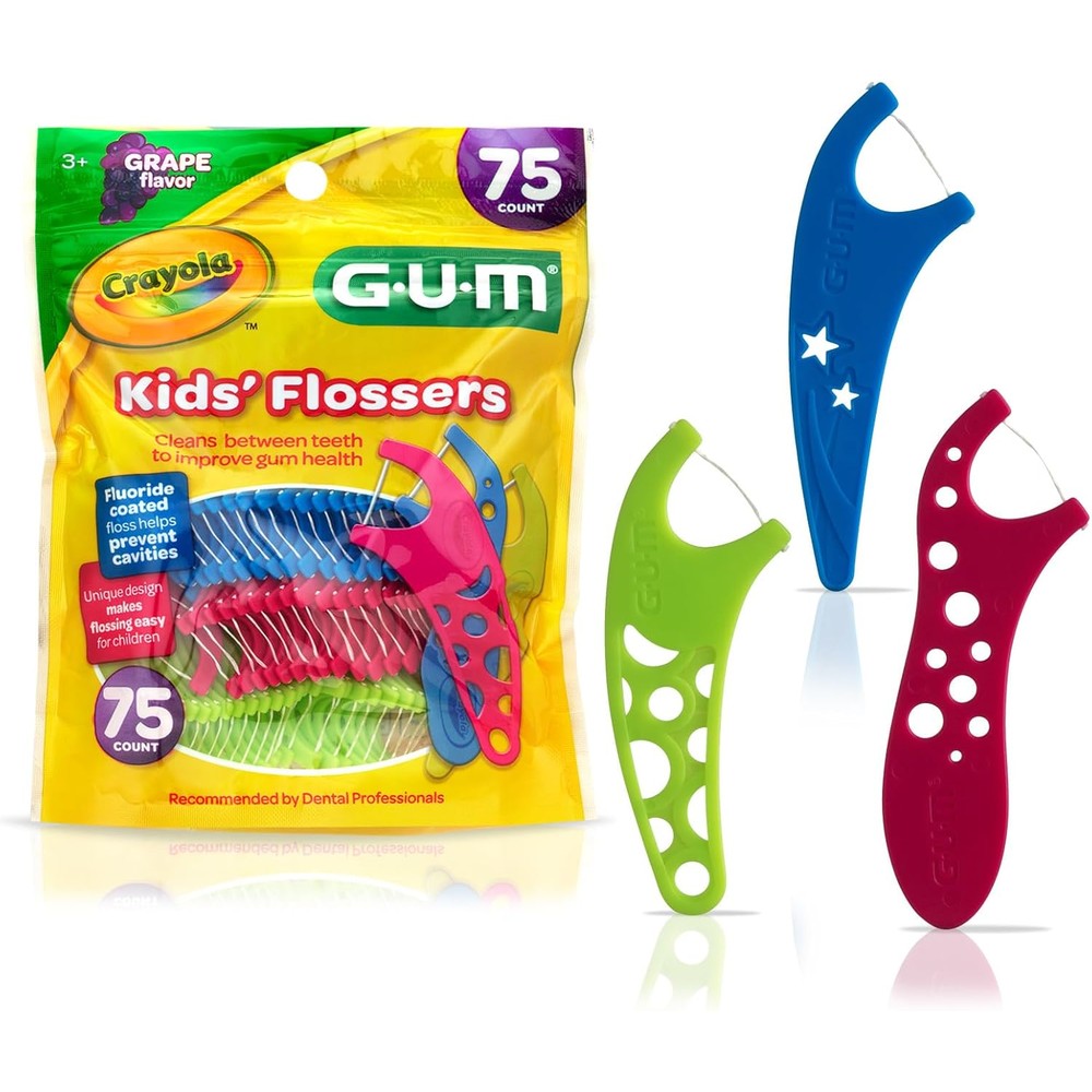 GUM Crayola Kids Flossers front packaging view showing 75 grape flavored dental picks.