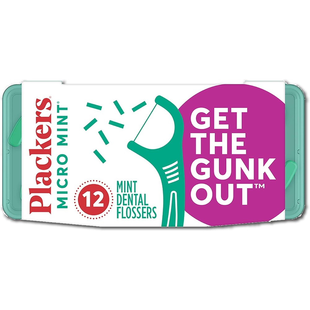 Plackers Micro Mint Dental Flossers front view of 12 count travel pack