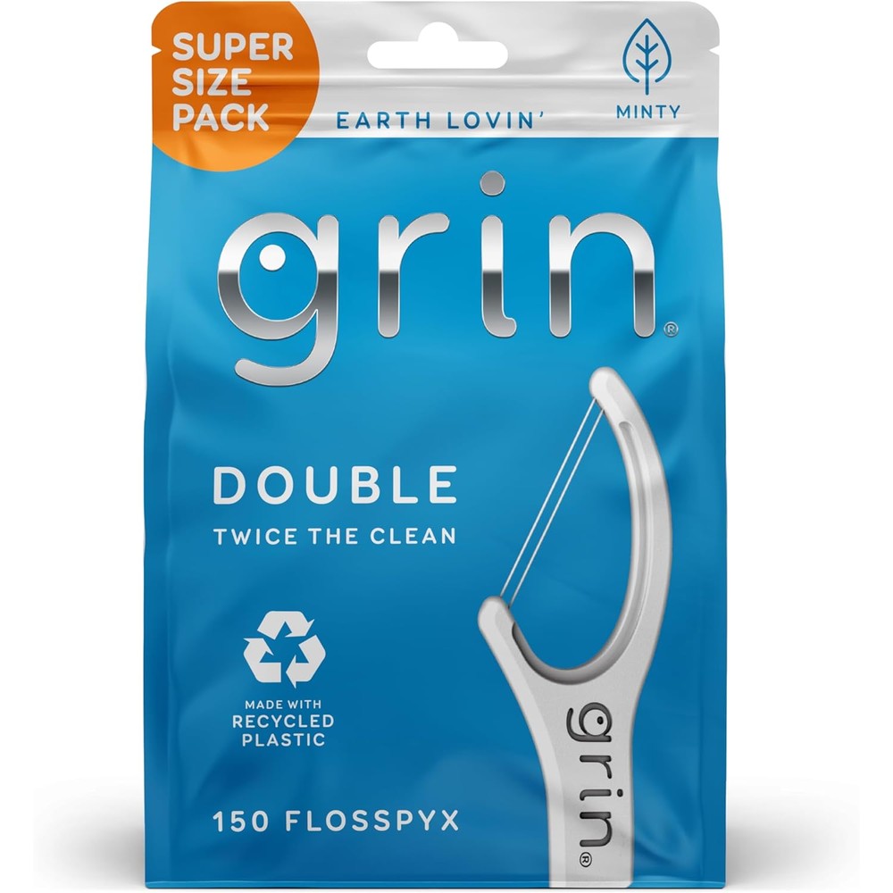 Grin Double Flosspyx 150 Count front packaging view showcasing the mint flavored dual line dental floss picks.