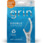 Grin Double Flosspyx 150 Count front packaging view showcasing the mint flavored dual line dental floss picks.