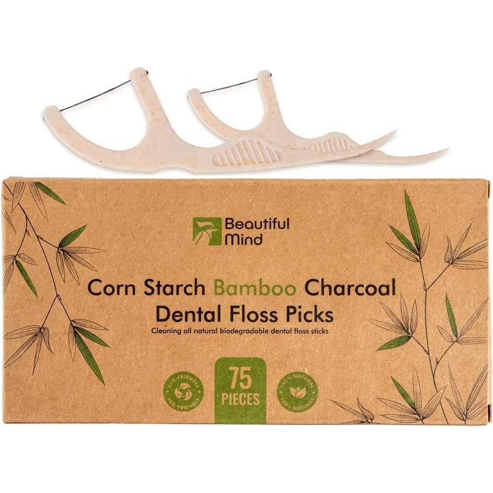Beautiful Mind natural dental floss picks 75 pack front view showing eco friendly packaging