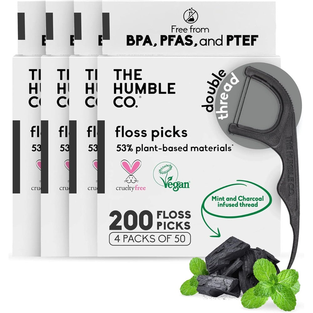 The Humble Co Plant Based Dental Floss Picks Charcoal 200 Count front package view showing four eco-friendly bags