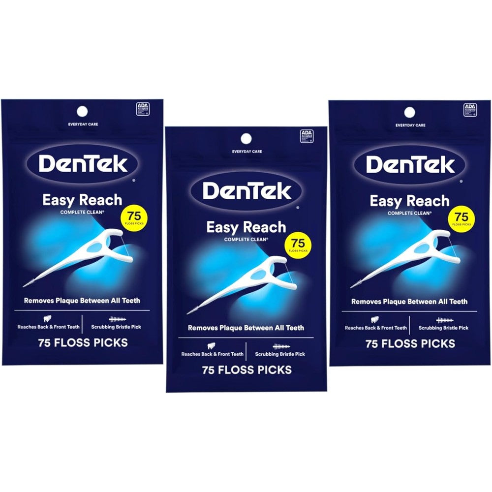 DenTek Easy Reach Complete Clean Floss Picks front packaging view showcasing 3 pack set