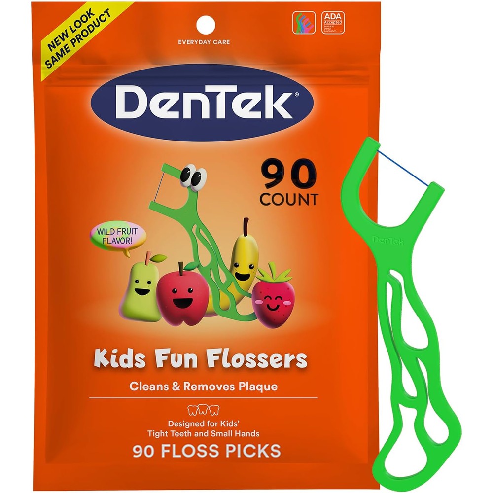 DenTek Kids Fun Flossers Wild Fruit 90 Count front packaging view showcasing pediatric dental picks