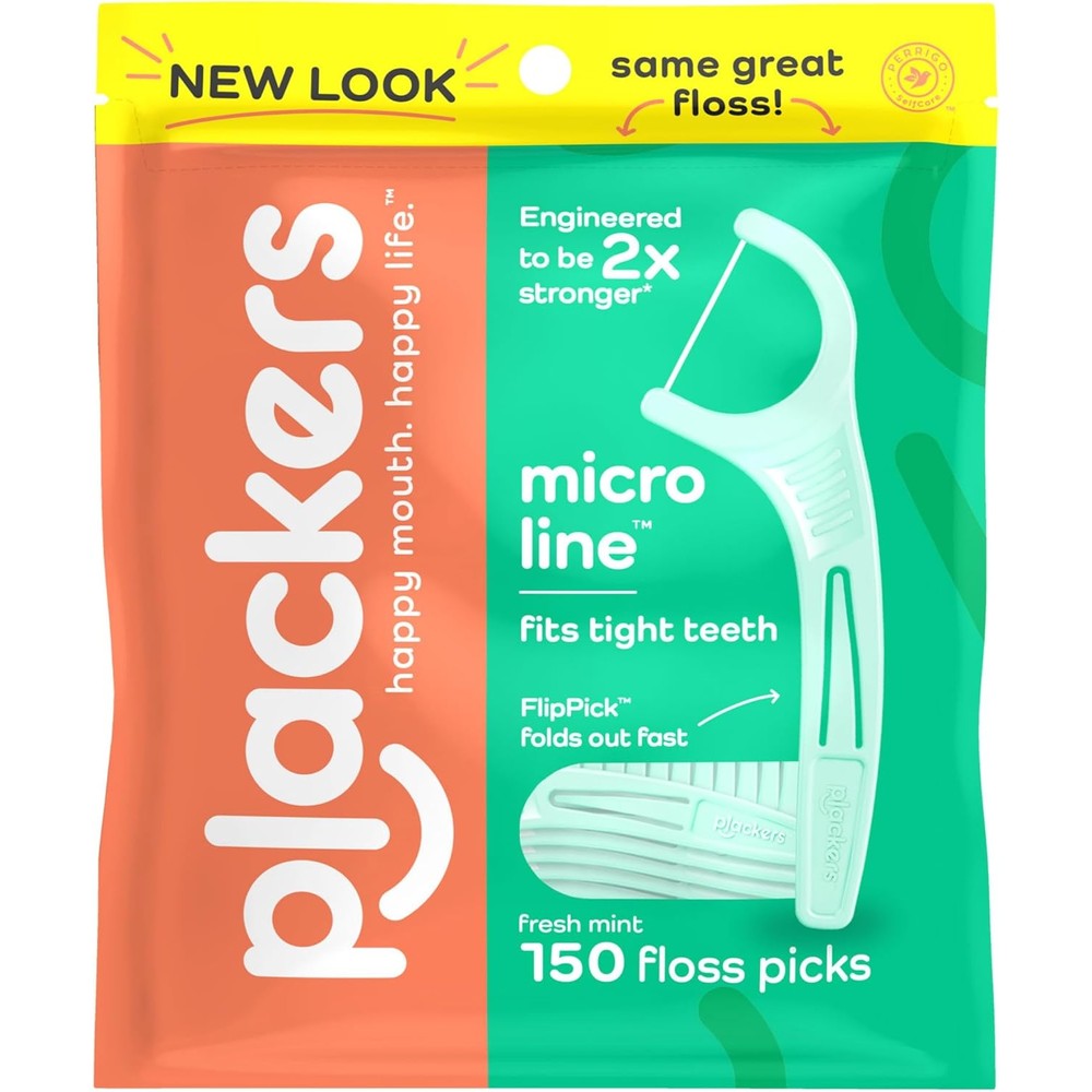 Plackers Micro Line Dental Floss Picks 150 Count packaging front view showing fresh mint flavor logo.