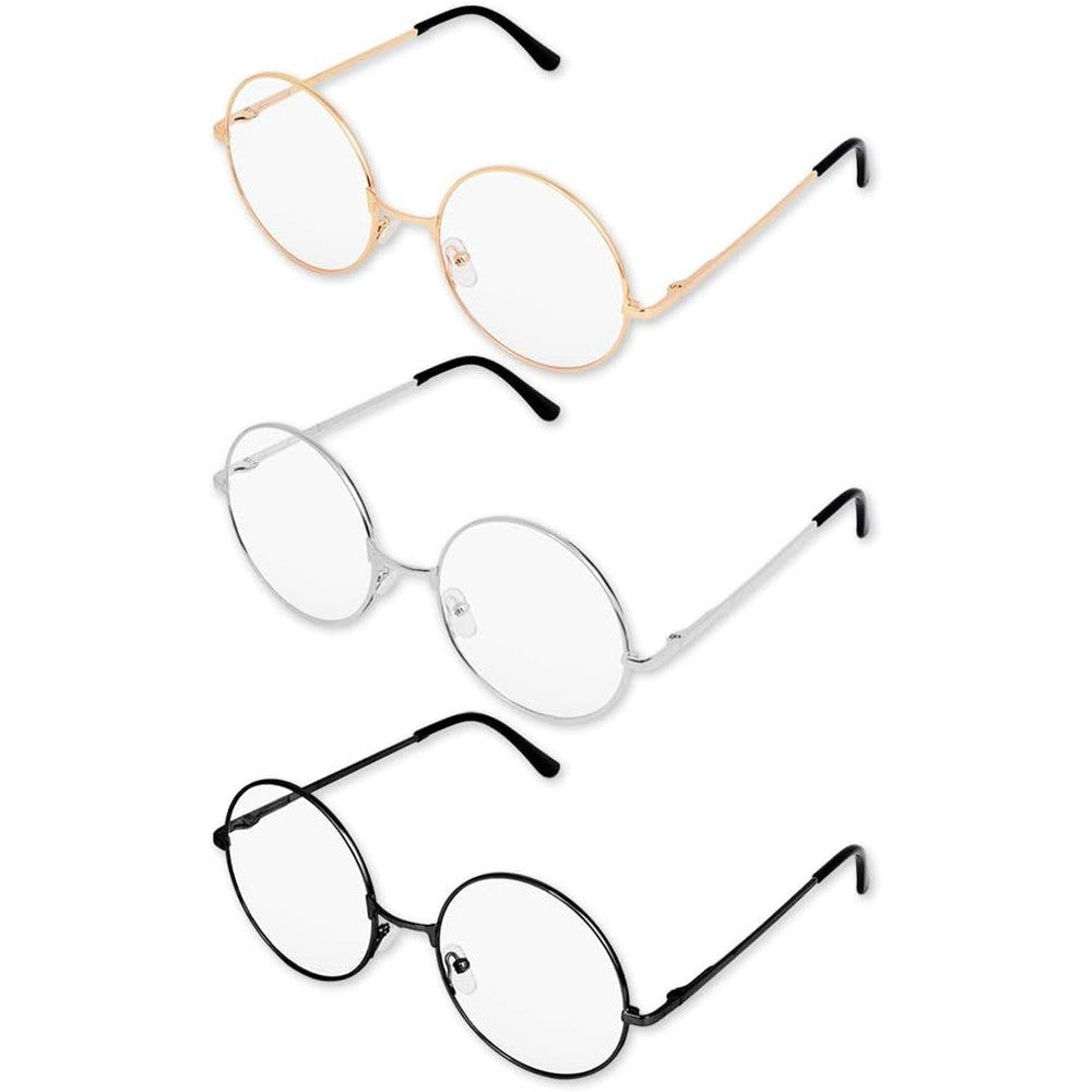 Play Bling round clear lens glasses set of three gold silver and black.