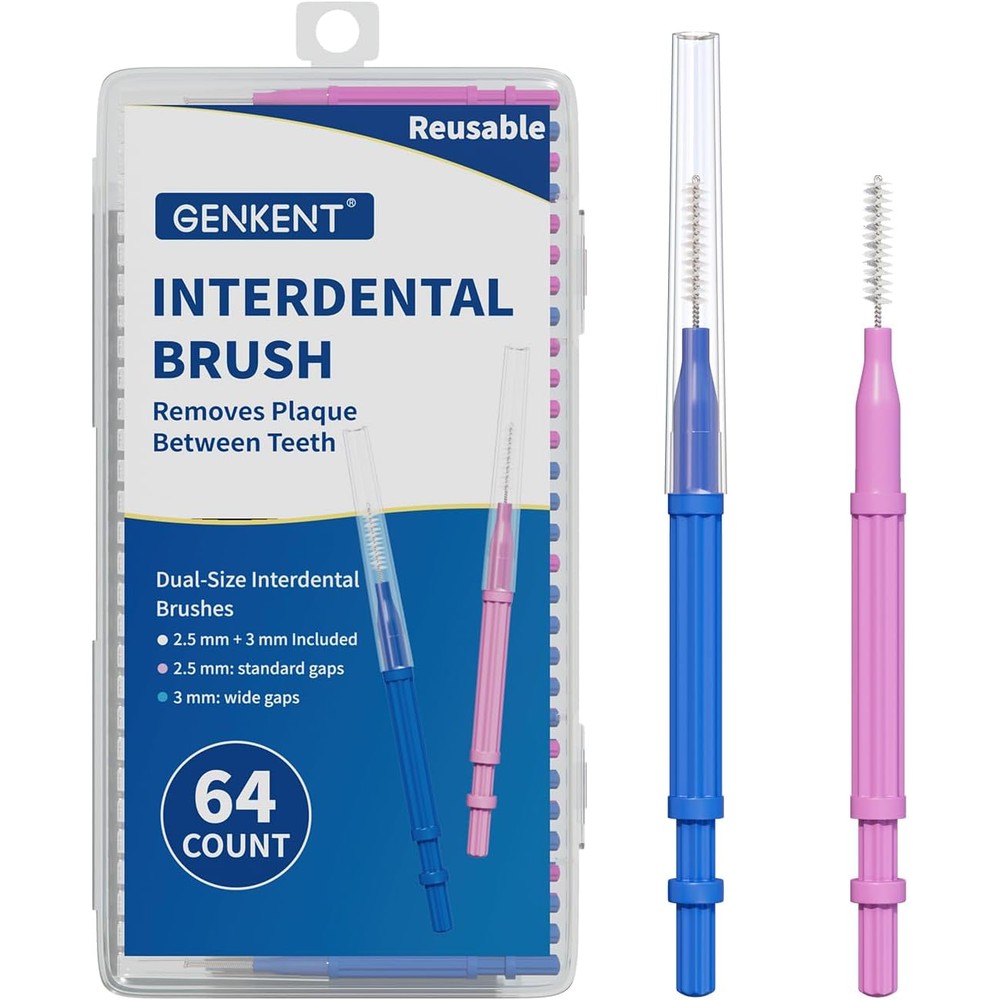 Genkent interdental brushes sixty-four piece pack front view showing dual brush sizes for braces cleaning.