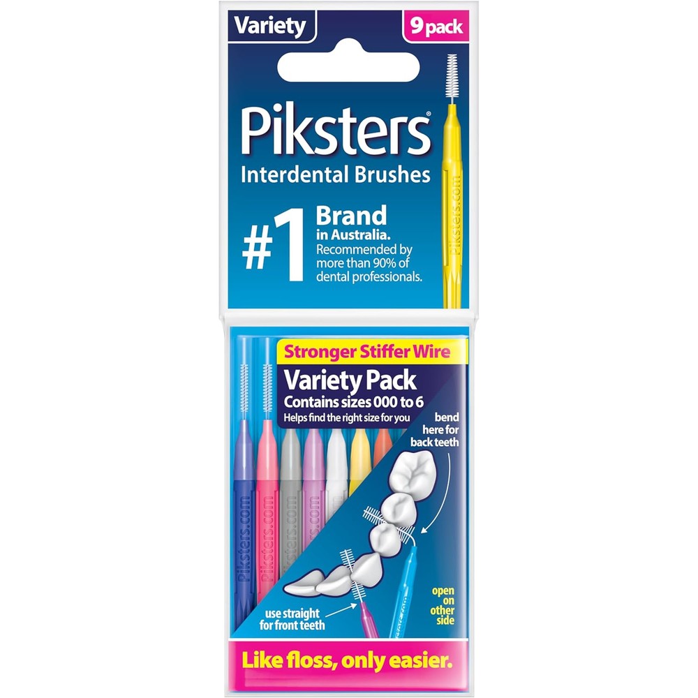 Piksters Interdental Brushes Variety Pack front view showing nine colorful reusable dental brushes in packaging.