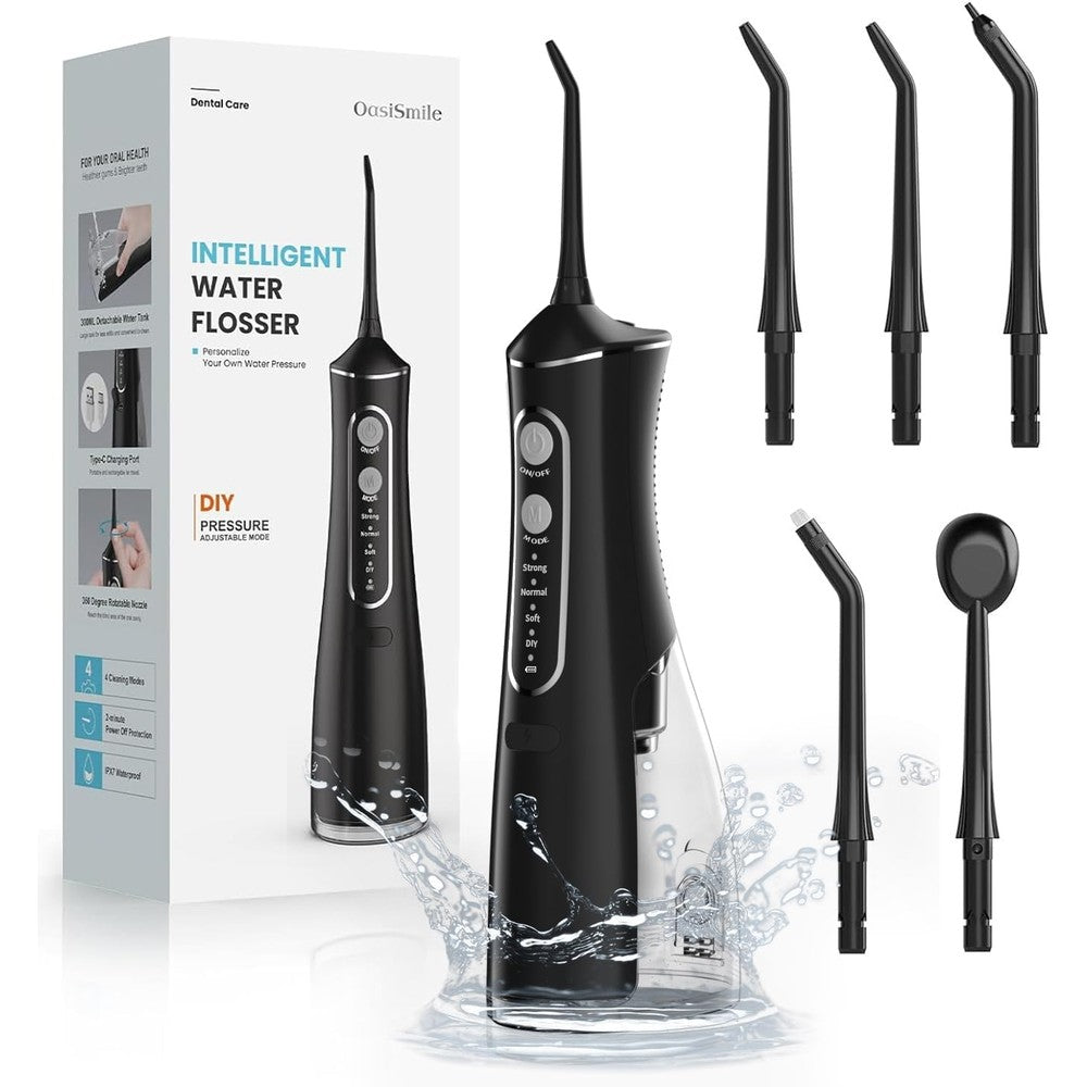 OasiSmile portable cordless water dental flosser front view showing premium design