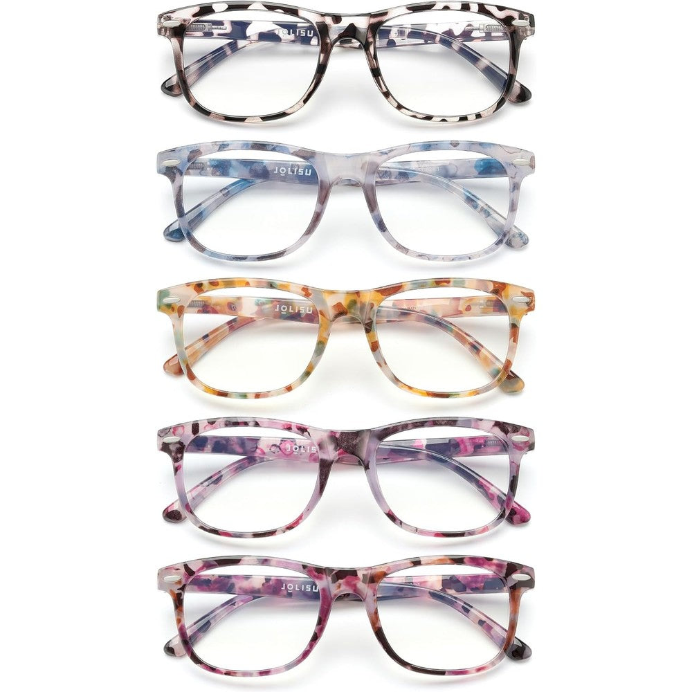 Jolisu 5 pack reading glasses blue light blocking front view