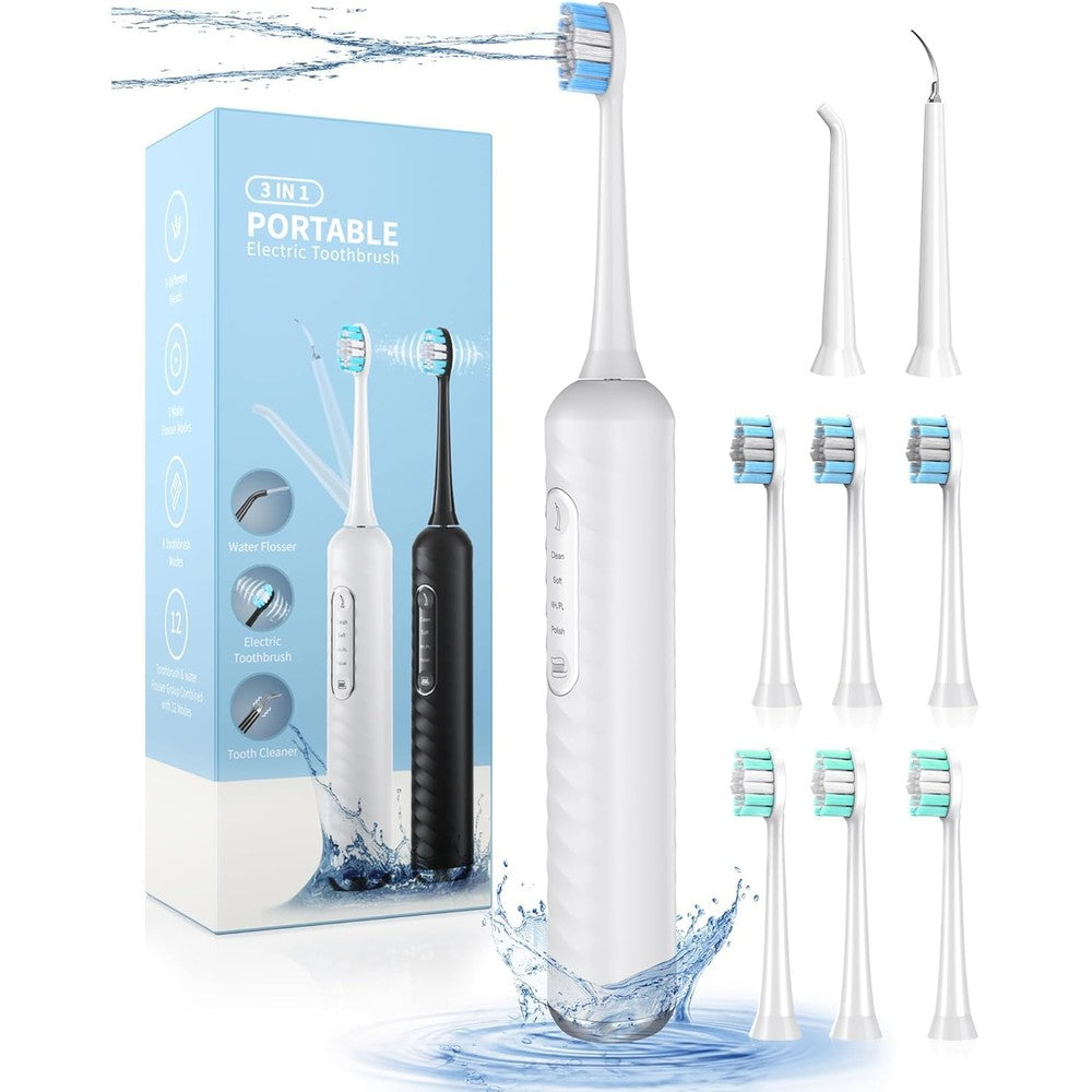 UNINGOPI Electric Toothbrush and Water Flosser combo front view in white.