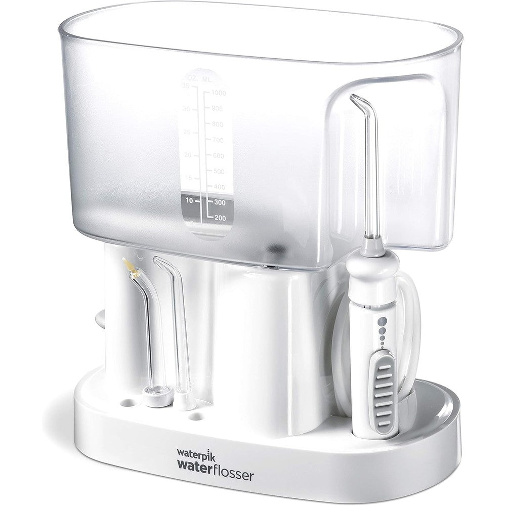 Waterpik Classic Professional Water Flosser WP-72 front view showing white reservoir and handle.