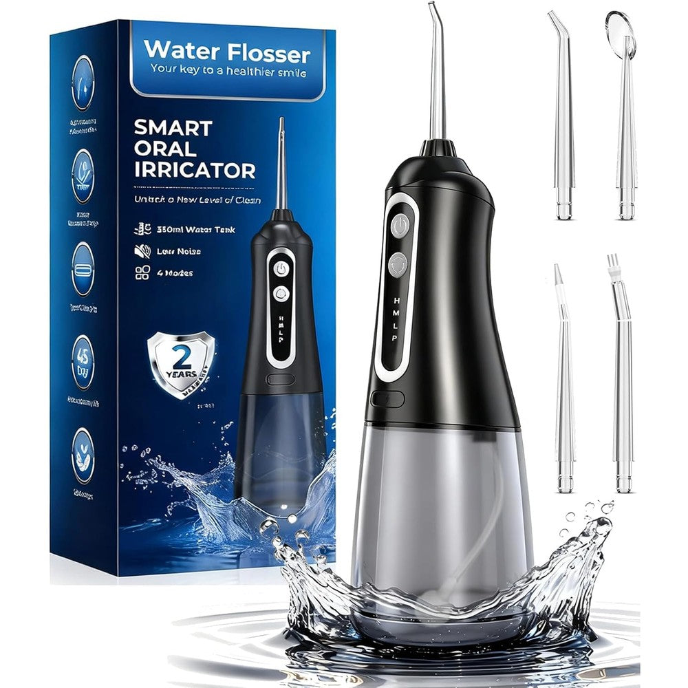 Alplead cordless water dental flosser front view showing premium black design and water tank