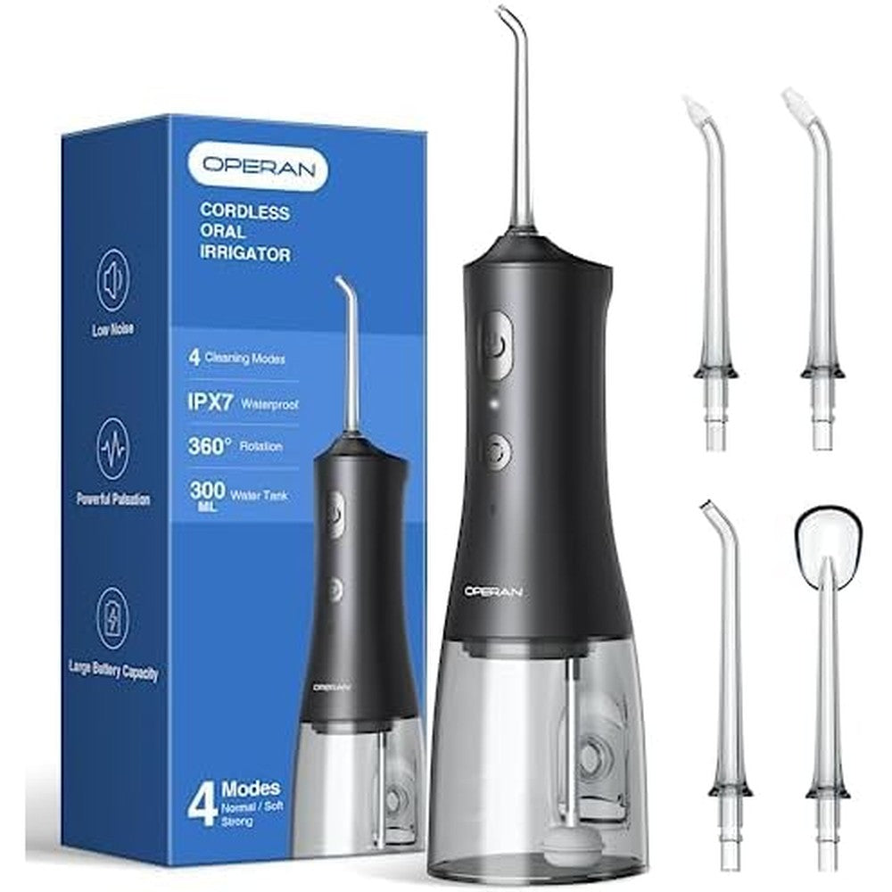 Operan Water Flosser front view showing 300ml tank and black finish for professional dental cleaning.