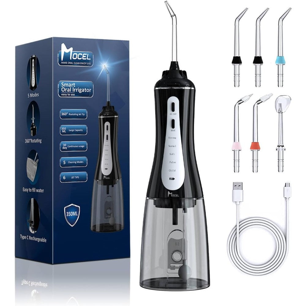 Mocel Water Dental Flosser front view showing 350ml tank and power buttons.