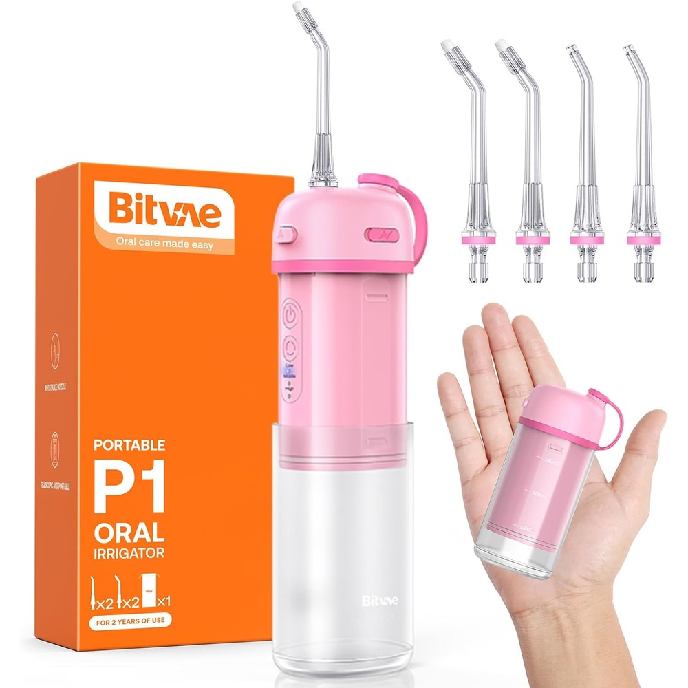 Bitvae P1 Water Flosser front view of pink portable oral irrigator.