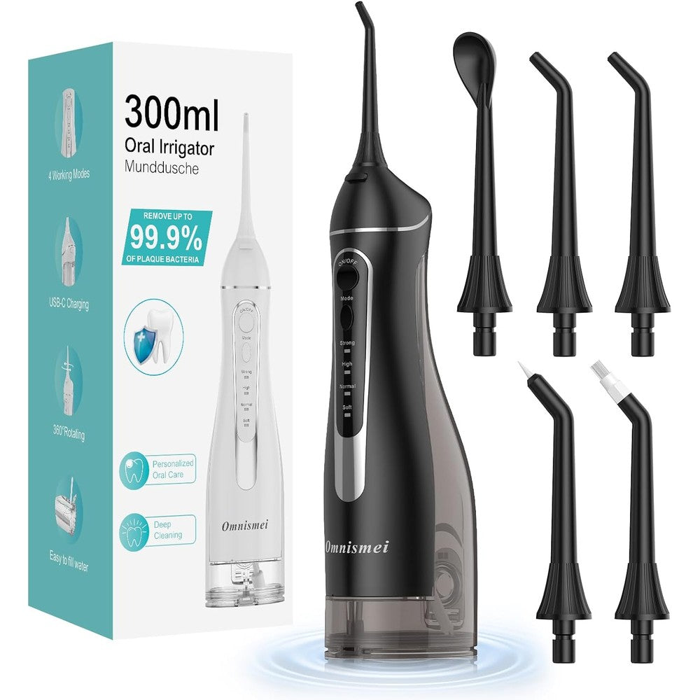 Omnismei cordless water dental flosser front view showing the 300ml clear water reservoir and sleek power controls