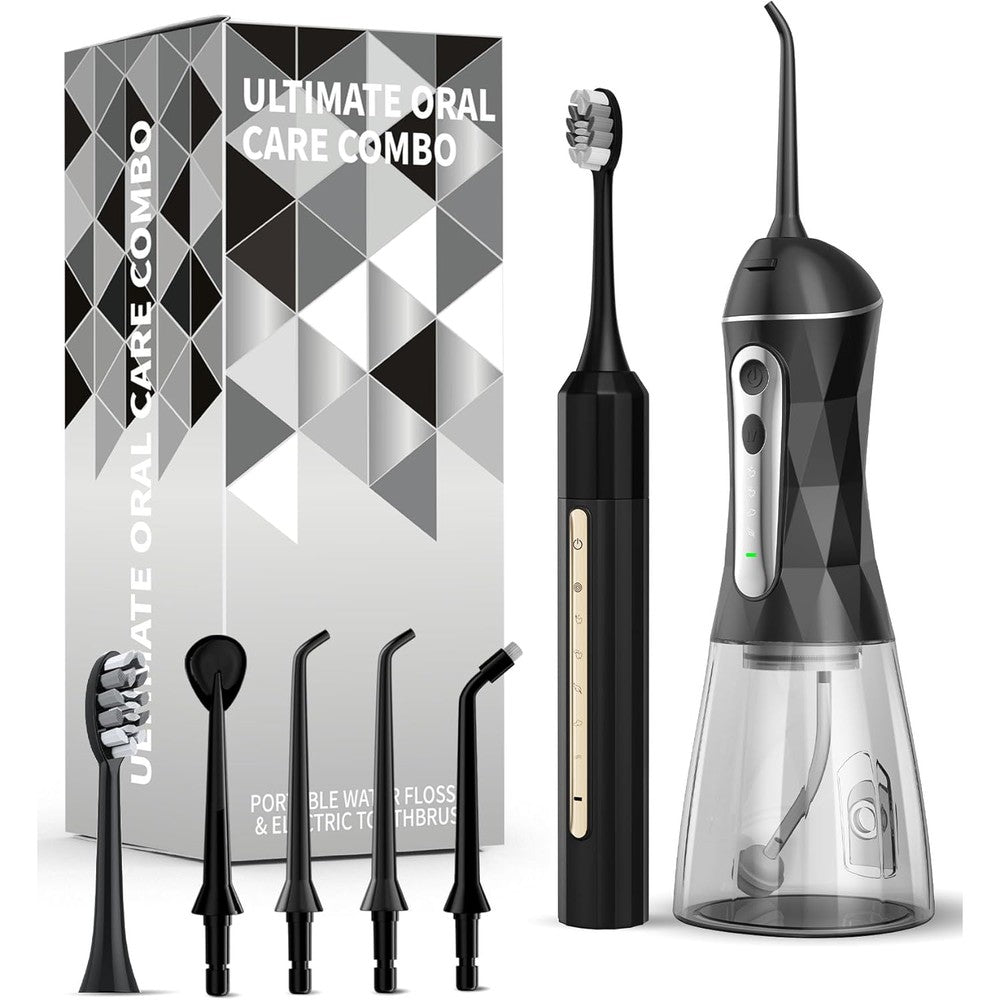 Lumivoid water flosser and electric toothbrush combo black set front view showing oral clean kit devices