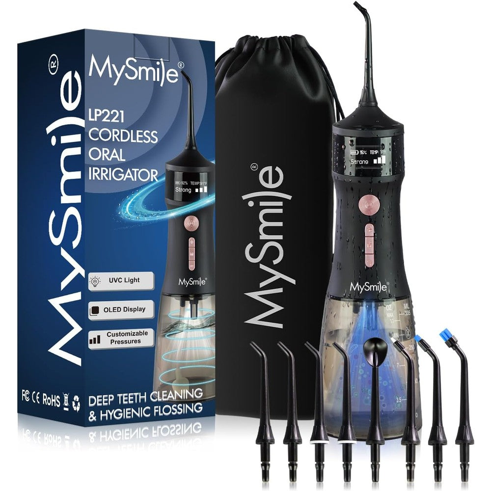 MySmile LP221 Midnight Black cordless water flosser front view with OLED display.