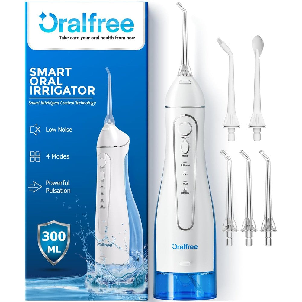 Oralfree Water Dental Flosser cordless handheld unit in white for professional teeth cleaning.
