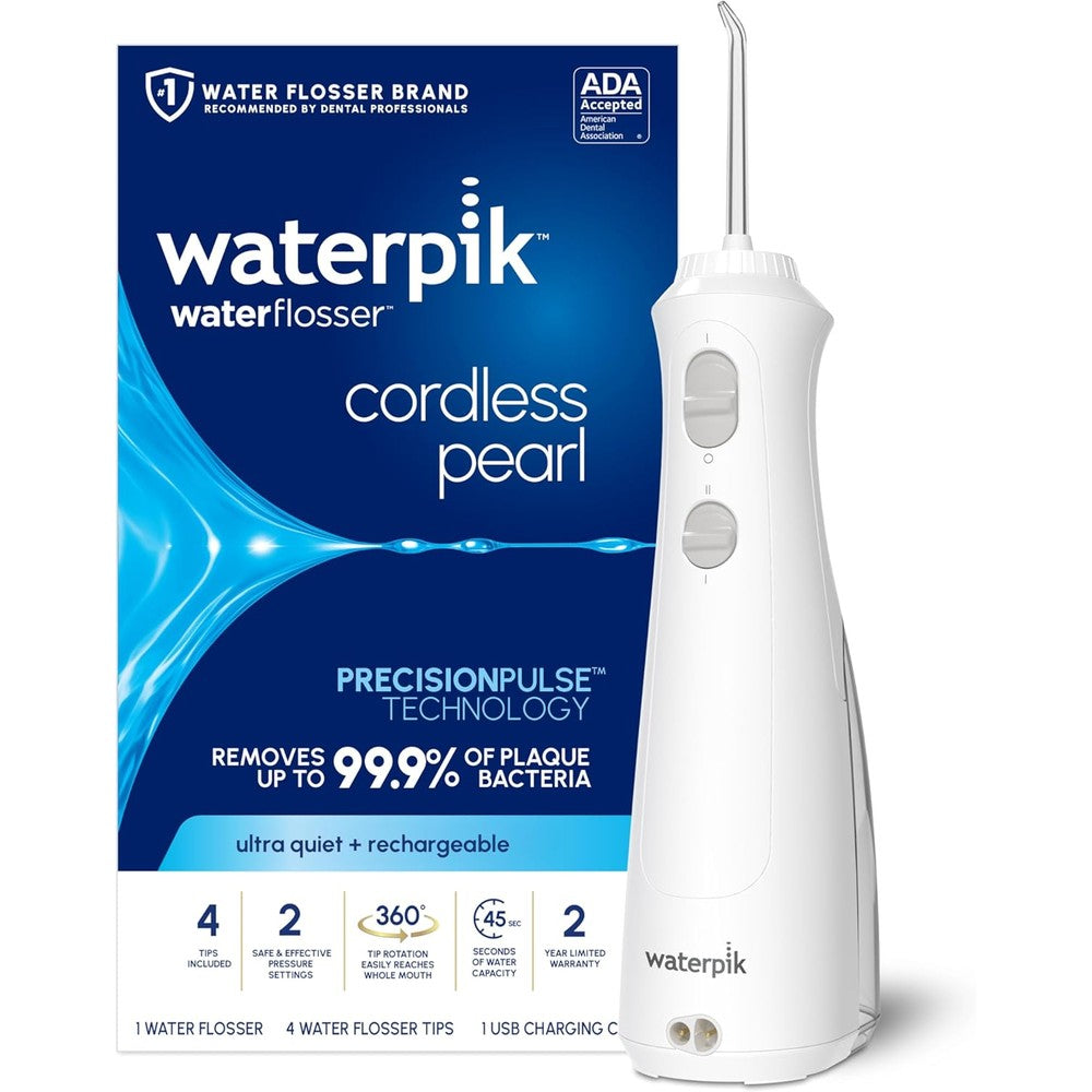 Waterpik Cordless Pearl white water flosser front view for plaque removal