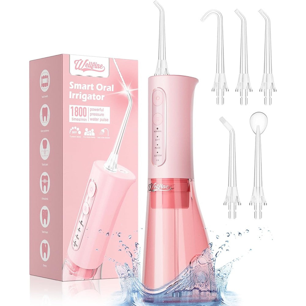 WELLFINE Water Dental Flosser front view showing 300ml water tank and power buttons