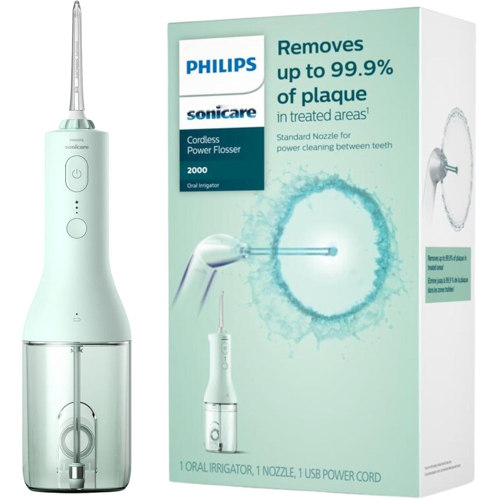 Philips Sonicare cordless water flosser front view in mint color showing power buttons