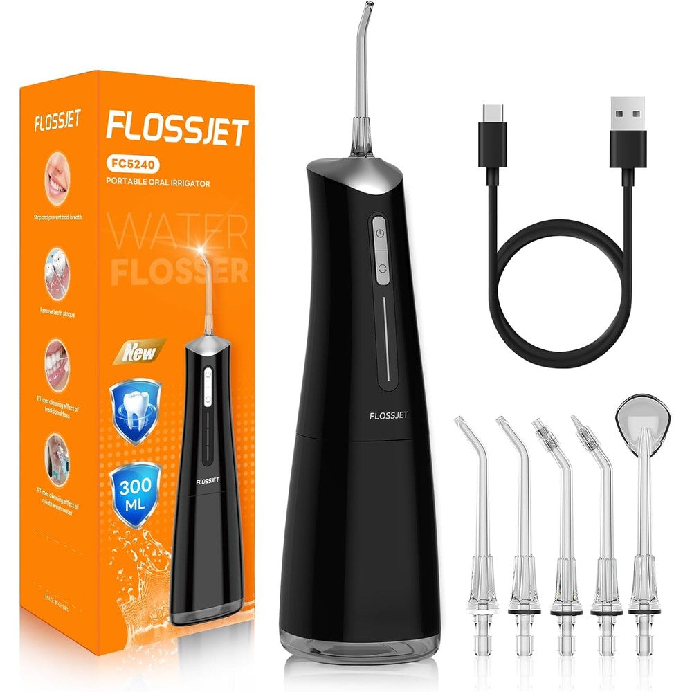 FlossJet Cordless Water Dental Flosser front view in black showing the 300ml tank.