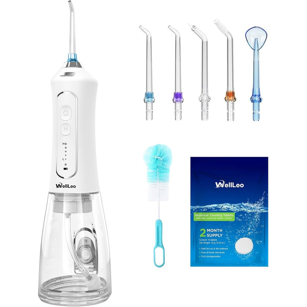 WellLeo Water Flosser front view showing 300ML water tank for professional dental care.
