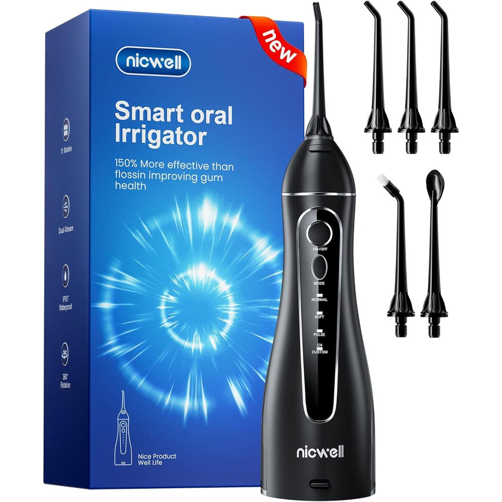 Nicwell Cordless Water Flosser front view showing 4 cleaning modes