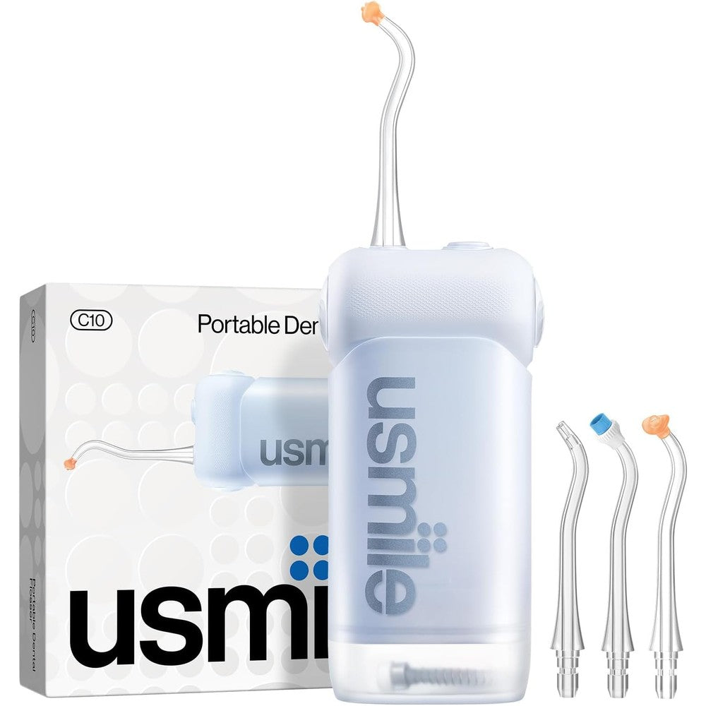 usmile C10 Portable Water Flosser front view showing sleek blue body and nozzle extension