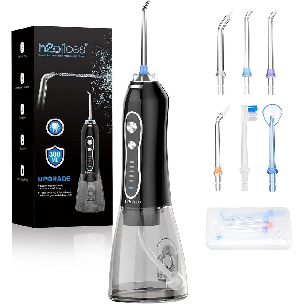 H2ofloss portable water dental flosser front view showing 5 mode buttons.