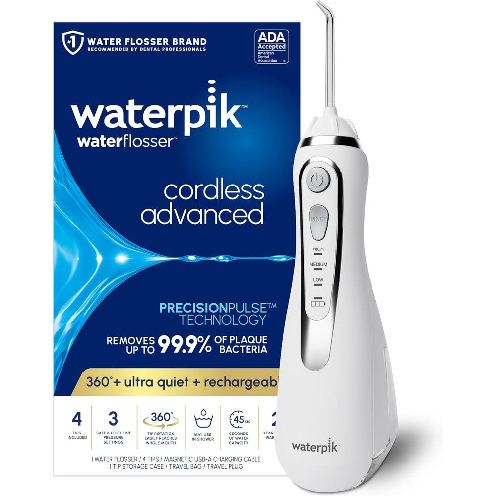 Waterpik Cordless Advanced 2.0 White WP-580 front view oral irrigator.