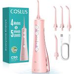COSLUS C50 portable cordless water flosser in light pink front view showcasing the power buttons and mode indicators.