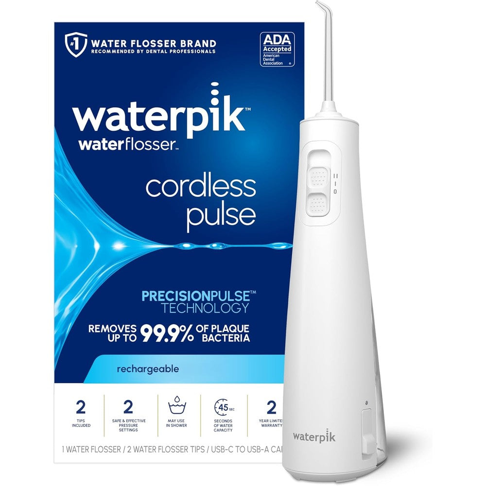 Waterpik Cordless Pulse rechargeable water flosser front view for dental hygiene.