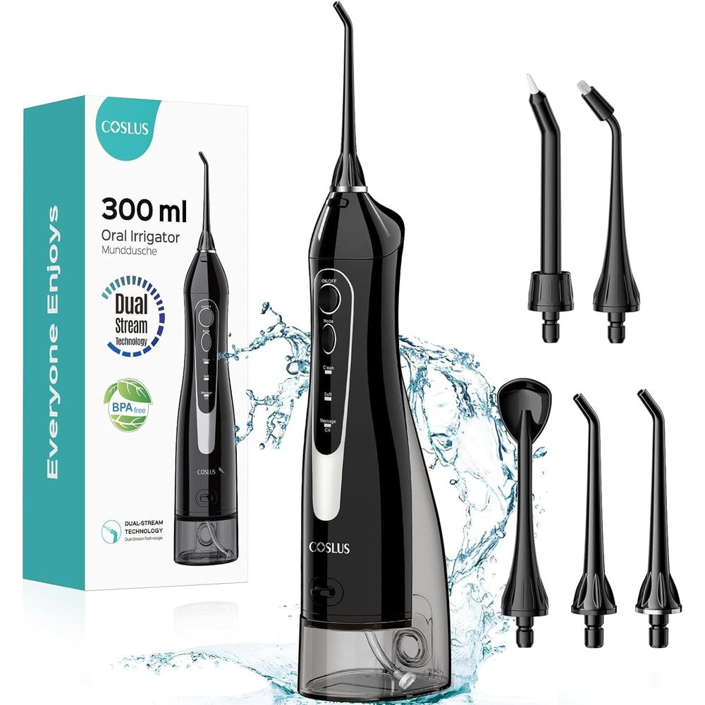 COSLUS Water Dental Flosser C20 front view showing ergonomic handle and nozzle.